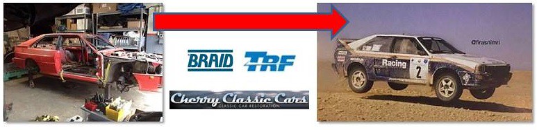Before and after image of a car restoration project, featuring a disassembled red car on the left and a restored rally car in motion on the right, with logos for Braid, TRF, and Cherry Classic Cars in the center.