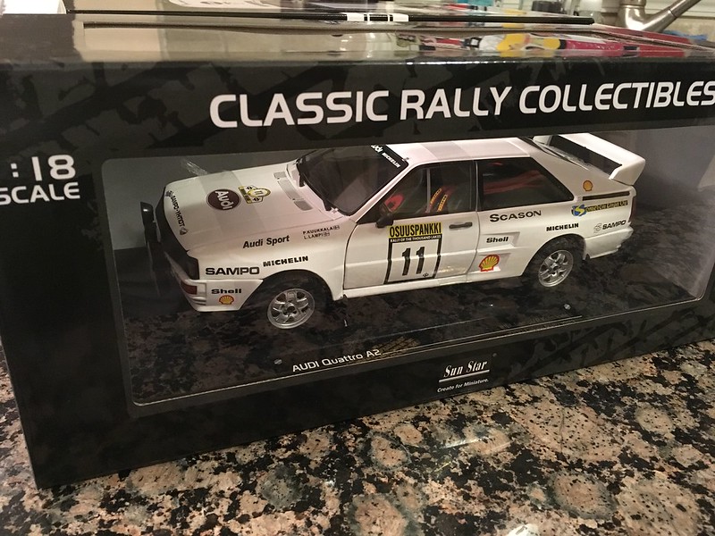 32605667534_21472d9844_c White Audi Quattro A2 rally car model inside black Classic Rally Collectibles box with sponsors logos and car number 11
